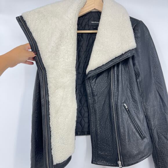 MACKAGE | Black Lambskin Leather Shearling Moto Aviator Jacket XXS - Picture 8 of 16